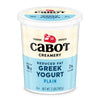 A 2-pound container of Cabot Creamery Reduced Fat Plain Greek Yogurt, made with 2% milkfat and packed with 16g protein per serving. Comes in blue and cream packaging featuring the Cabot logo and farmer-owned label.