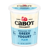 Cabot Creamery Reduced Fat Plain Greek Yogurt, 2 lb (907g), made with 2% lowfat milk. Plain flavor, 16g protein per serving. Blue and cream label features a red barn logo—ideal for protein-rich snacking.