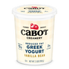 A 2-pound container of Cabot Creamery Reduced Fat Vanilla Bean Greek Yogurt offers 13g protein per serving, 2% milkfat, and Farmer Owned branding—a delicious, high-protein yogurt with a creamy vanilla flavor.