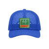 The New Duds Vintage Cabot Cow Graphic Mesh Trucker Hat features a bright blue mesh crown and an adjustable snapback for a comfortable fit. On the front, a green and white patch showcases two cows and bold red “CABOT” lettering. The hat is photographed against a plain white background.