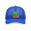 Vintage Cabot Cow Graphic Mesh Trucker Hat by New Duds, featuring a blue mesh design and a front patch with two white cows and “CABOT” in red letters on a green background.