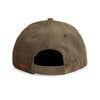 Back view of the New Duds Cheddar Corduroy Hat in Walnut, featuring an adjustable strap with a brass buckle. The word “Cabot” is embroidered in red on the left side.