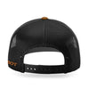 Back view of the Where Life is Cheddar Trucker Hat by New Duds, a classic Vermont trucker hat in black mesh with an adjustable snapback strap featuring RICHARDSON text. The left side displays part of the orange embroidered phrase “Where Life Is Cheddar.”.