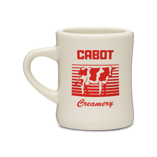 Vintage Cabot Cow Diner Mug by Geiger Northeast, featuring a beige ceramic design with red "CABOT Creamery" text and a cow graphic set against horizontal red stripes.