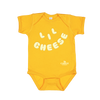The Lil Cheese Onesie in yellow by New Duds features “LIL CHEESE” in large white letters on the front, with the Cabot Creamery logo printed in white near the bottom right.