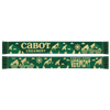 Fresh From Vermont Scarf by Ruffneck Wear, INC.: a cozy green and yellow knit scarf featuring Cabot Creamery and Fresh From Vermont text, accented with delightful mountain, house, tree, and sun designs—perfect for showcasing your Vermont pride.