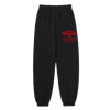The Seriously Sharp Sweatpants by New Duds are unisex black fleece pants featuring a comfortable elastic waistband and ankle cuffs. Designed for all-day coziness, these soft sweatpants showcase bold red CHEDDAR Seriously Sharp Cabot Creamery text and a small cheese wedge graphic on the left thigh—an ideal pick for fans of comfort and classic style.