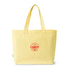 A light yellow “Life is Butter” tote bag by New Duds, featuring two handles and a central circular red Cabot Creamery logo with text. The design is simple and plain aside from the logo.