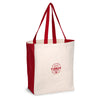 The Cabot Cow Graphic Tote by Enviro-Tote, Inc. is a canvas bag with red handles and sides, showcasing a circular red Cabot Creamery logo at the center of its cream-colored body. The tote stands upright against a white background.