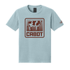 The Vintage Cabot Cow Graphic T-shirt by New Duds features a light blue color with a brown and white cow graphic above the word “CABOT” in a square frame with horizontal stripes, and a small Cabot logo on the left sleeve.