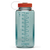 A clear Cabot Cow Nalgene Water Bottle from Downeast Bicycle Specialists, featuring a red cap connected by a white loop, with measurement markings in milliliters and ounces and the text “For Your Everyday Adventures” on the bottle.