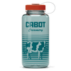 The Cabot Cow Nalgene Water Bottle by Downeast Bicycle Specialists features clear construction, a red cap, teal CABOT Creamery text, and a teal cow graphic with stripes along the bottom half.