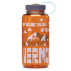 A Downeast Bicycle Specialists Fresh From Vermont Nalgene Water Bottle in orange, designed with a gray cap and blue loop, featuring mountain and cloud graphics along with the words “FRESH X FROM VERMONT” in white and brown lettering.