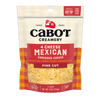 An 8 oz bag of Cabot Creamery 4 Cheese Mexican Cheese in orange plaid packaging features a fine-cut blend of Monterey Jack, Cheddar, Asadero, and Queso Quesadilla.