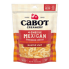 An 8 oz (226g) bag of Cabot Creamery 4 Cheese Mexican Cheese features Monterey Jack, Cheddar, Asadero, and Queso Quesadilla in rustic cut orange-yellow shreds.