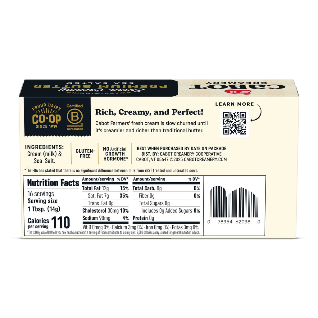 Back of a Cabot Creamery Extra Creamy Sea Salted Butter package featuring a QR code, nutrition facts, cream and salt ingredients, gluten-free and no artificial growth hormone labels, plus a short slow churned butter description.