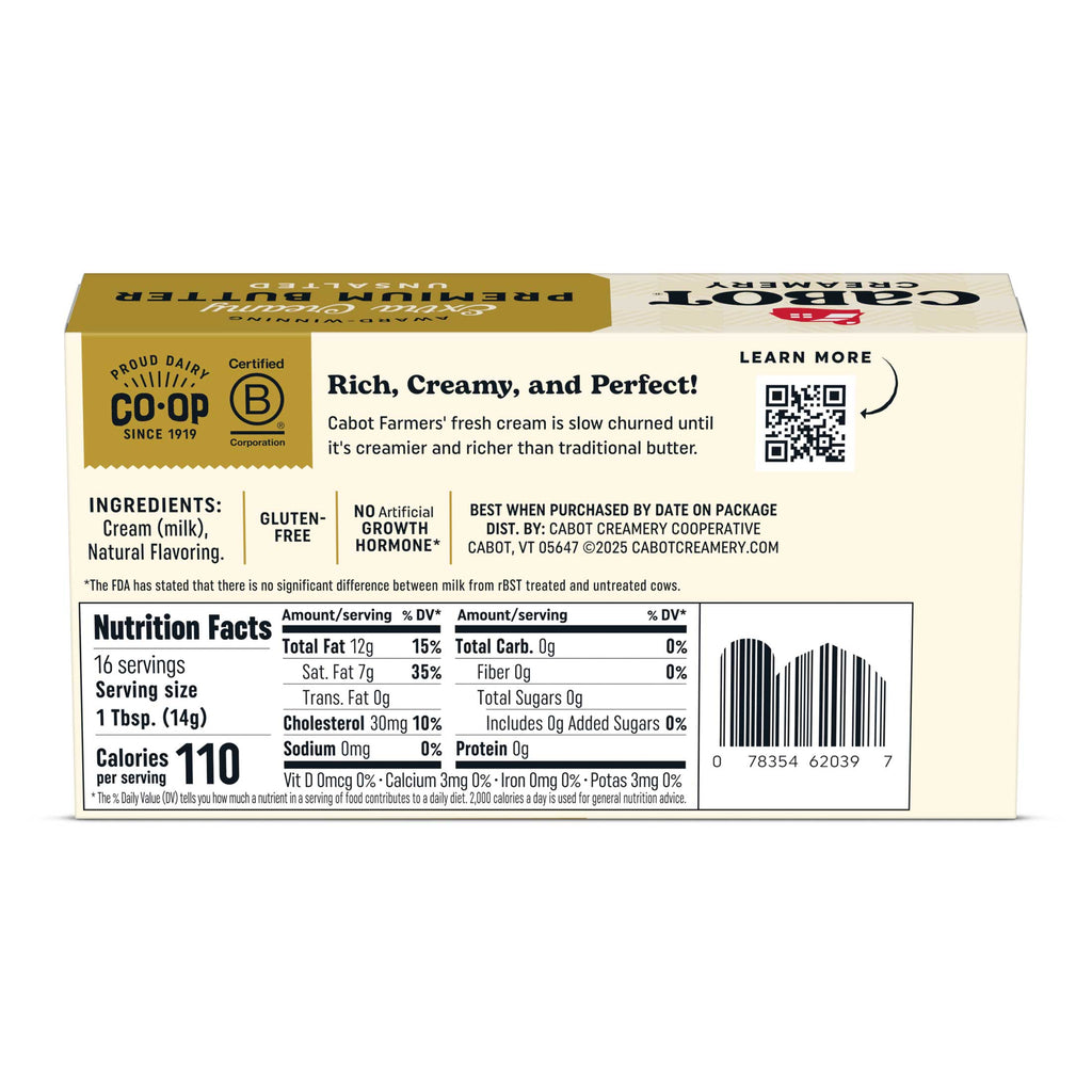 The back of a Cabot Creamery Extra Creamy Unsalted Butter package displays nutrition facts, ingredients (cream, natural flavoring), a QR code, and product info on a yellow background with black text. Ideal for baking all your favorite recipes.