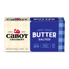 A box of Cabot Creamery Salted Butter, 8 oz (226g), has blue and cream packaging, America’s Best Butter branding, and contains two sticks with product details.