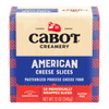 A package of Cabot Creamery White American Cheese—ideal for burgers and sandwiches. The blue and red box has 16 individually wrapped, gluten-free slices. Net weight: 12 oz (340g).