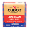 A package of Cabot Creamery Yellow American Cheese, with 16 pre-wrapped slices (12 oz/340g), labeled pasteurized process cheese food, gluten-free, and ideal for sandwiches.