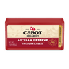 A 1 lb (453g) block of Cabot Creamery Artisan Reserve Cheddar Cheese, aged 36 months, with red and cream packaging featuring barn and farm illustrations.