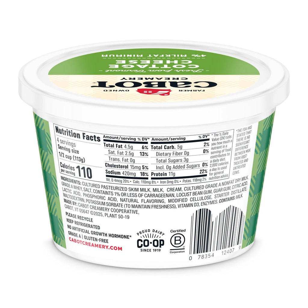 A Cabot Creamery Cottage Cheese container is shown with its Nutrition Facts, protein and calcium info, ingredients list, Co-Op logo, and a lid featuring green text and graphics.