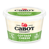 Cabot Creamery Cottage Cheese, 1 lb tub, has 4% milkfat minimum and 11g protein per serving. The white container features a green and cream label with the Cabot logo—a nutritious snack option.