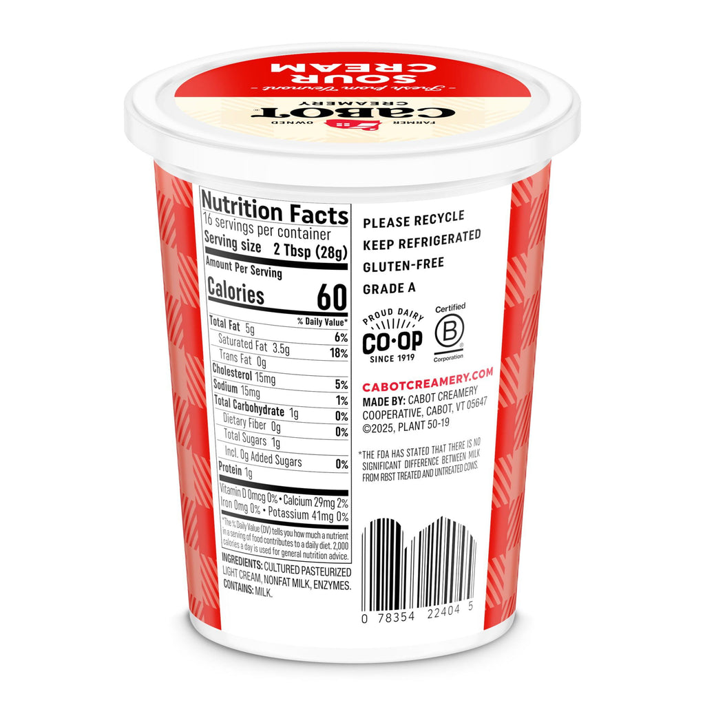 A container of Cabot Creamery Sour Cream features nutrition facts, recycling info, the Co-op logo, gluten-free and Grade A labels, ingredients, barcode, and contact details on a red and white background—a creamy kitchen staple.