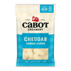 A 5-ounce bag of Cabot Creamery Plain Cheddar Cheese Curds, with a blue and cream design, Cabot logo, Cheddar Cheese Curds text, and a clear window showing the signature squeaky curds inside.