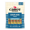 Enjoy Colby Jack Cheese Snack Sticks from Cabot Creamery, ideal for daily snacking. The blue plaid bag includes ten 0.75 oz sticks, featuring a creamy blend with 5g Protein Per Stick and 0g Lactose, highlighted by a Farmer Owned seal.