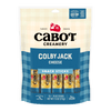 A 10-count pack of Cabot Creamery Colby Jack Cheese features individually wrapped, creamy snack sticks in a blue and yellow plaid package with a clear window—ideal for everyday snacking.