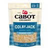 A bag of Cabot Creamery Colby Jack Shredded Cheese, Classic Cut, in a blue and cream package with 8 oz (226g) of mild, creamy shreds visible at the bottom. Farmer-owned quality from Cabot Creamery.