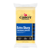 A 2 lb block of Cabot Creamery Extra Sharp Yellow Cheddar Cheese in clear packaging with a blue label, labeled aged, lactose-free, and farmer-owned.