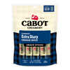 Cabot Creamerys Extra Sharp Cheddar Cheese snack sticks come in a blue plaid package with a Farmer Owned label. Inside are ten 0.75 oz sticks, known for their extra sharp taste, high protein, and low lactose content—an East Coast classic.