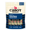 Cabot Creamery Extra Sharp Cheddar Cheese comes in a blue plaid bag with 10 snack sticks. The labels highlight protein content and note that it’s farmer-owned cheese.