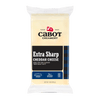 A 2-pound block of Cabot Creamery Extra Sharp Cheddar Cheese in clear packaging with a black and blue label, highlighting it's aged, premium East Coast cheddar that's naturally lactose free.