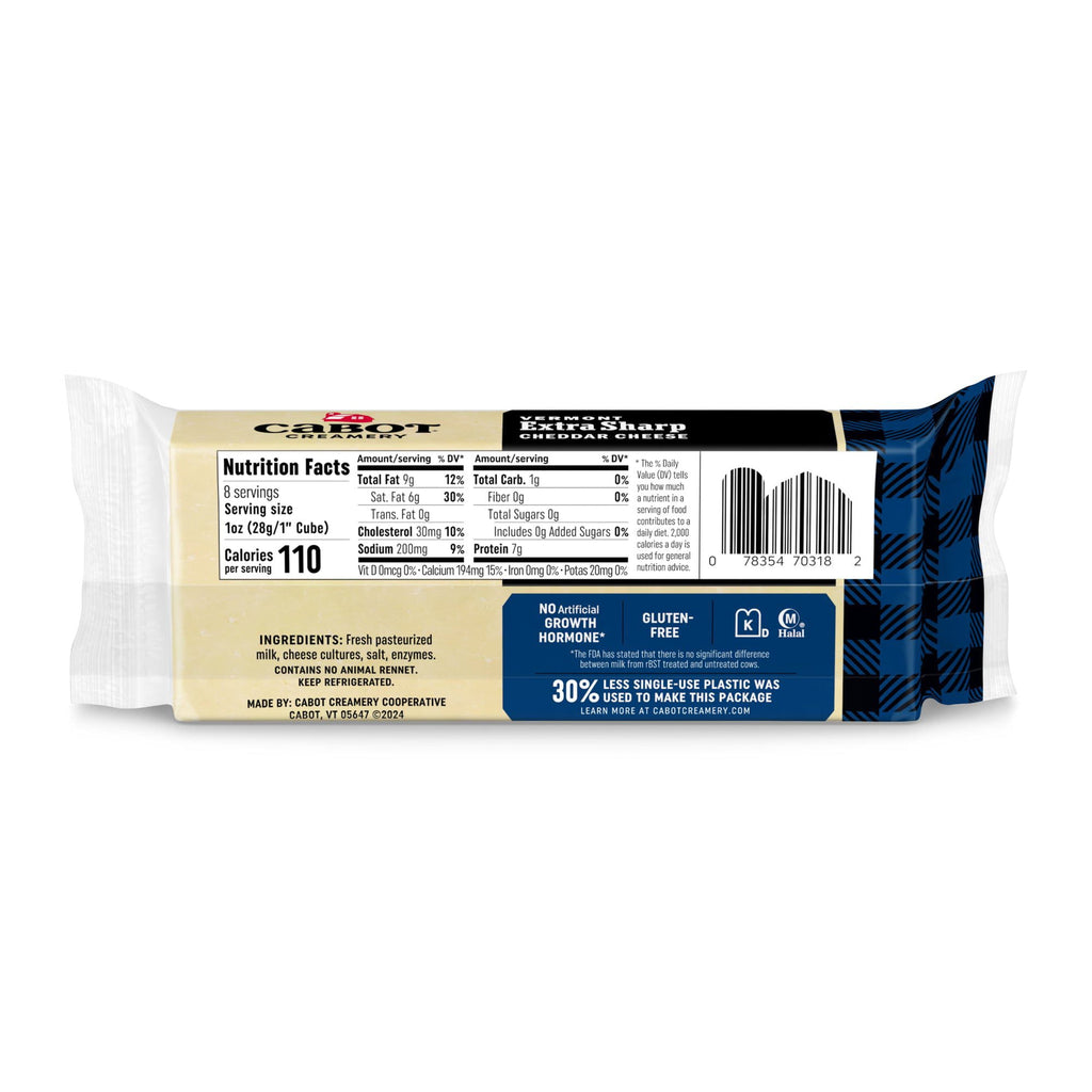 Back of a Cabot Creamery Extra Sharp Cheddar Cheese package showing nutrition facts, ingredients, and features like gluten-free, lactose free cheddar, and no artificial growth hormone. Blue plaid design appears on the right side.