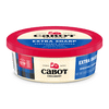 An 8 oz (226g) round tub of Cabot Creamery Extra Sharp Cheddar Cheese features a red lid and a cream, blue, and red label with clear branding and product details.