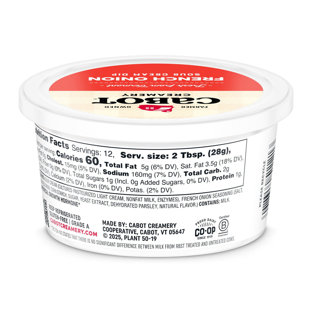 A round white tub of Cabot Creamery French Onion Dip displays its label and nutrition facts. The container has a red and white lid with black text listing ingredients and manufacturer details.