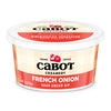 A 12-ounce container of Cabot Creamery French Onion Dip, made with rich sour cream. The red and beige label displays the Cabot logo and farmhouse graphic on the lid and front.