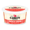 A 12-ounce container of Cabot Creamery French Onion Dip features a white lid and a red, cream, and beige label displaying the Cabot logo and product name—perfect for your next snack.