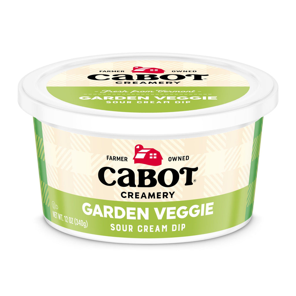 Cabot Creamery Garden Veggie Dip comes in a 12 oz container with a green and beige label—ideal for enjoying with salads or snacks.