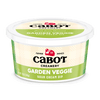 A 12-ounce tub of Cabot Creamery Garden Veggie Dip, a creamy sour cream snack with a green, cream, and white label featuring farm-themed graphics.