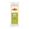 An 8 oz (227g) Cabot Creamery Garlic Herb Cheddar Cheese deli bar in clear packaging with a green label, red barn illustration, and marked lactose free.