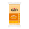 A 2-pound block of Cabot Creamery Gouda Cheese in yellow packaging, labeled creamy, dreamy, sweetly nutty, and lactose-free. This protein-packed snack displays the Cabot Creamery logo and detailed product info.