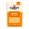 Cabot Creamery Gouda Cheese, 7 oz, comes in yellow and white plaid packaging. Includes nine pre-sliced pieces. Farmer-owned and gluten-free—ideal for melting in sandwiches or enjoying as a snack.