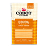 A package of Cabot Creamery Gouda Cheese contains 9 slices. The orange and white packaging with plaid accents features the product details and the Cabot Creamery logo.