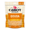A resealable 8 oz (226g) bag of Cabot Creamery Gouda Cheese, Classic Cut, features orange and yellow packaging with the brand logo, cheese type, "2 cups," and notes that it is lactose free.
