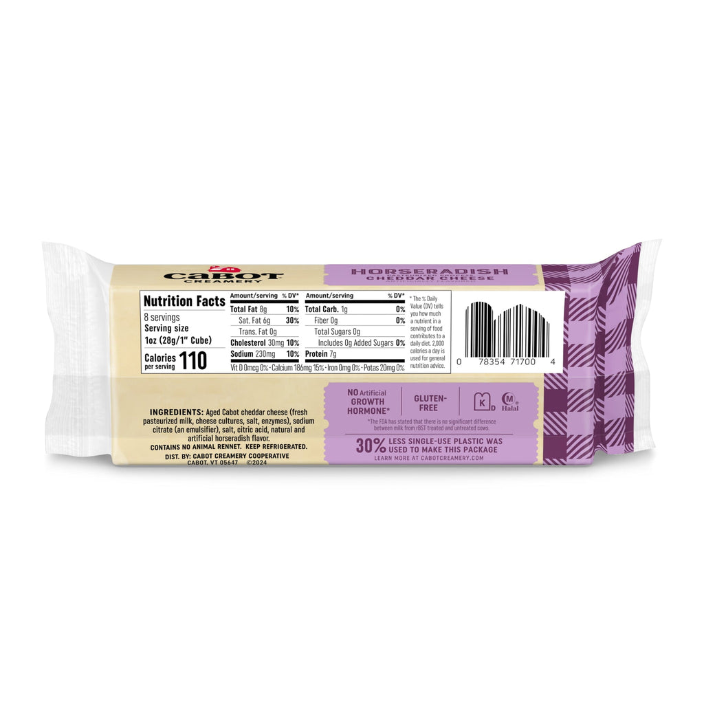 Back view of a Cabot Creamery Horseradish Cheddar Cheese package shows nutrition facts, ingredients, and product info on a purple and white plaid background. This creamy horseradish cheese is also proudly lactose free.