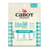 Cabot Creamerys Lite50 Sharp Cheddar Cheese snack bars come in turquoise and cream checkered packaging, highlighting their farmer-owned origin. They offer 50% less fat, 33% fewer calories, and are lactose-free. Each package contains 36 bars.